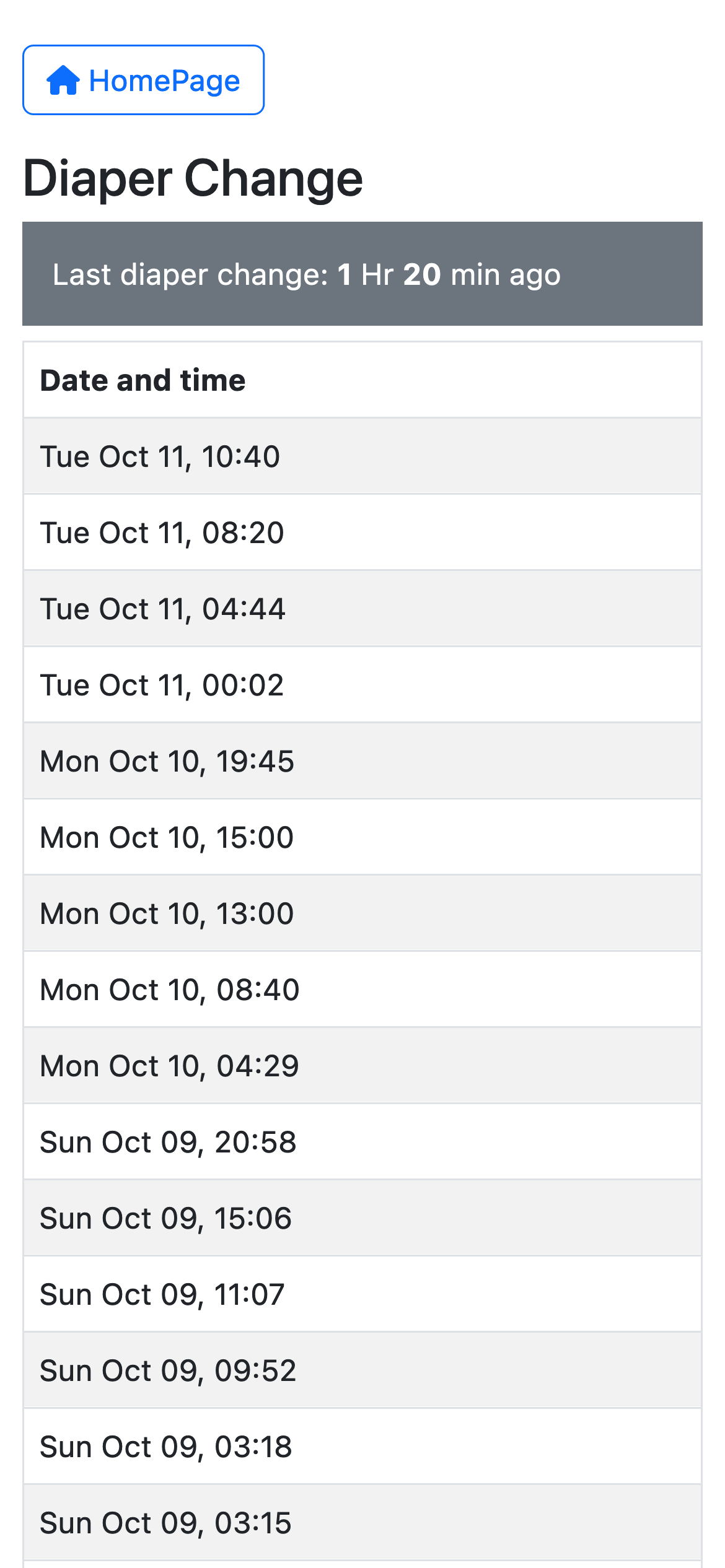 bebe.report screenshot showing a baby's daily activity timeline