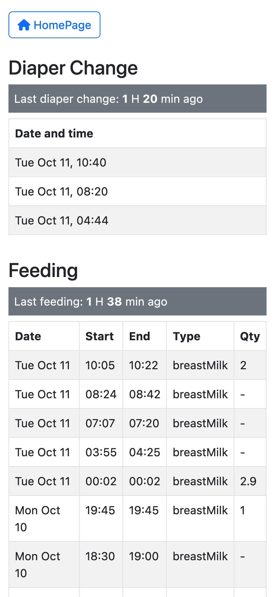 bebe.report screenshot showing baby care activity reporting on mobile